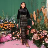 Luxury Long Sleeve Round Neck Formal Party Sequin Slim Slit Evening Dress Women Bridesmaid Gown