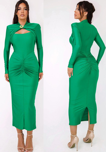 Autumn Sexy Hollow Long Sleeve High Waist Slim Long Dress