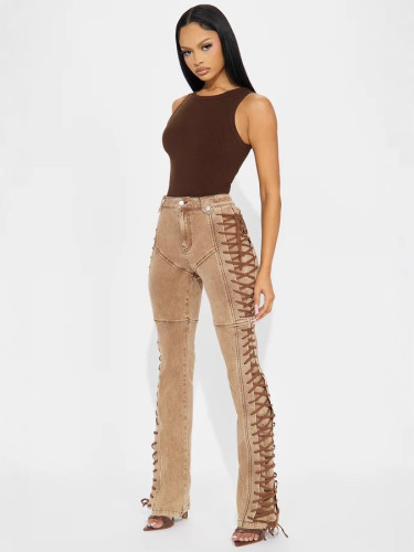 Women Trendy Lace-Up Denim Pants