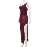 Autumn Women Low Back Slit Lace-Up Jacquard Strap Dress