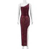 Autumn Women Low Back Slit Lace-Up Jacquard Strap Dress