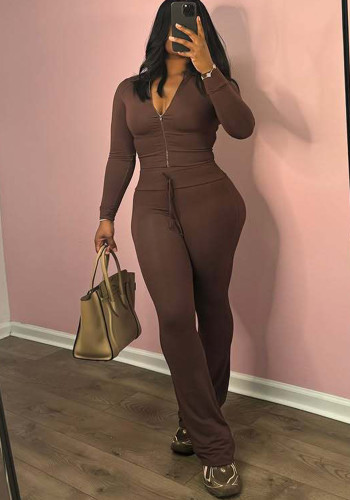 Long Sleeve Slim Zipper Top  Elastic Butt Lift Bell Bottom Pants Casual Set