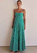 Fashionable Striped Strap High Waist A-Line Long Dress