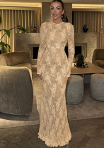 Women's Autumn Winter Chic Fashion Lace Round Neck Hollow Slim Ruffle Long Sleeve Dress