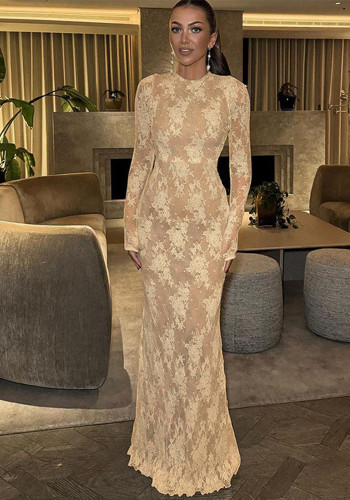 Women's Autumn Winter Chic Fashion Lace Round Neck Hollow Slim Ruffle Long Sleeve Dress