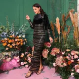 Luxury Long Sleeve Round Neck Formal Party Sequin Slim Slit Evening Dress Women Bridesmaid Gown