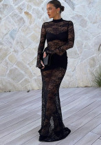Winter Women's Sexy Round Neck Long-Sleeved Jacquard Lace See-Through Dress