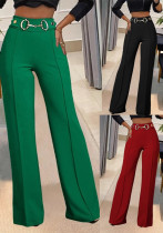 Women's Solid Color High Waist Metal Buckle Decorated Fashion Straight Trousers