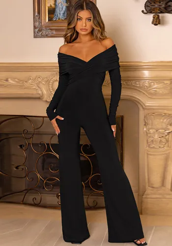 Women's Sexy Fashion Solid Color V-Neck Long Sleeve Jumpsuit