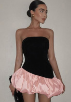 Winter Women's Strapless Velvet  Patchwork Puffy Short Dress