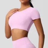 Women short sleeve yoga clothes with chest pads Pilates running sports Top