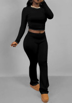 Women Autumn and Winter Solid Long Sleeve Crop Top and Pants Two Piece Set