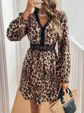 Women French V-Neck Leopard Print Long Sleeve Lace Long Sleeve Dress