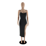 Women Sexy Low-Cut Backless Solid Color Straps Slit Bodycon Dress