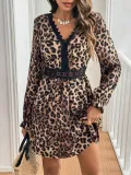 Women French V-Neck Leopard Print Long Sleeve Lace Long Sleeve Dress