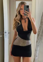 Women Sexy Mesh Beaded Patchwork Halter Neck Dress