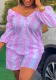 Plus Size Women striped print long-sleeved Top and shorts Two Piece Set