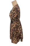 Women French V-Neck Leopard Print Long Sleeve Lace Long Sleeve Dress