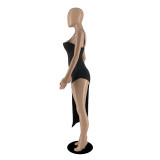 Women Sexy Low-Cut Backless Solid Color Straps Slit Bodycon Dress