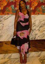 Women elegant print sleeveless Halter Neck V-neck Top and Skirt Two Piece Set