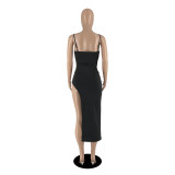 Women Sexy Low-Cut Backless Solid Color Straps Slit Bodycon Dress