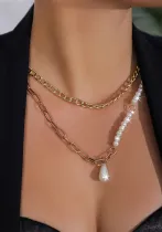 Women creative asymmetry Baroque double-layer tassel imitation pearl necklace