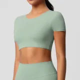 Women short sleeve yoga clothes with chest pads Pilates running sports Top