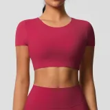 Women short sleeve yoga clothes with chest pads Pilates running sports Top