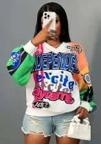 Women American Vintage Letter Printed Splicing Long Sleeve V-Neck Top