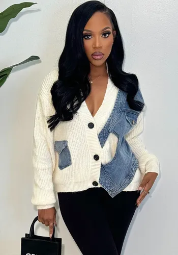 Women Casual Knitting Long Sleeve Patchwork Denim Jacket