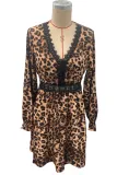 Women French V-Neck Leopard Print Long Sleeve Lace Long Sleeve Dress