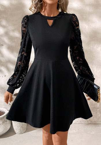 Women Elegant Black Round Neck Lace Patchwork Long Sleeve Bell Bottom Dress