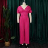 Women V-Neck Solid Sexy Pleated Jumpsuit
