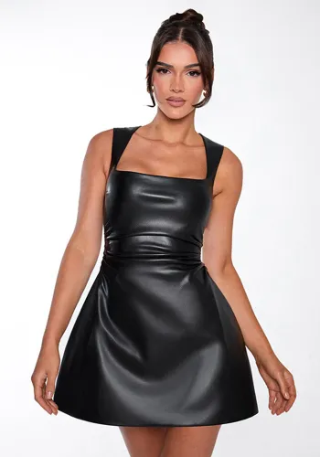 Women Autumn And Winter Sleeveless Strap Leather A-Line Dress