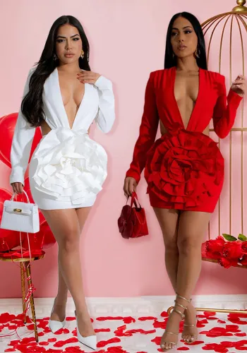 Women Fashion Sexy V-Neck Solid Color Long Sleeve Bodycon Short Evening Dress