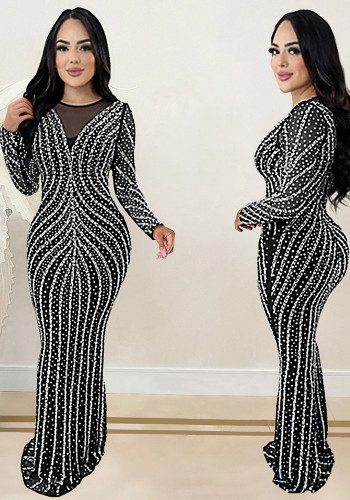 Fashion Women's Beaded Long Sleeve Mesh Slim Long Dress