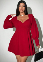 Autumn And Winter Plus Size Women's Luxury Elegant Burgundy High Waist V-Neck Short Dress