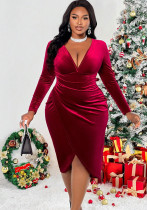 Autumn And Winter Women's Sexy V-Neck Burgundy Midi Dress