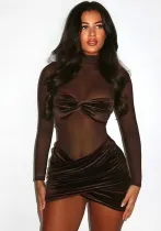 Women High Neck Velvet Mesh Patchwork Bodycon Dress