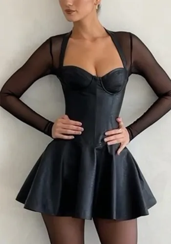 Spring Summer Long-Sleeved Mesh Patchwork Casual A-Line Dress