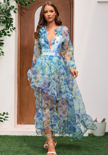 Women applique V-neck long-sleeved Holidays floral one-piece swimsuit Two Piece