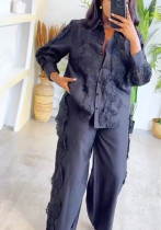 Women French Lace Patchwork Long Sleeve Shirt Wide Leg Pants Two Piece