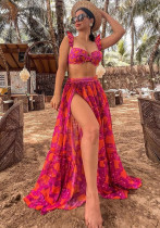 Women Bikini Ruffle Lace-Up Print Swimsuit and Skirt Two Piece