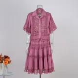 Women French Lace Hollow Crochet Flower Top Lace Patchwork Skirt Two Piece
