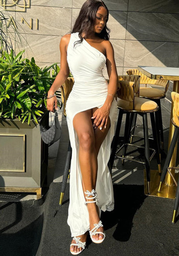 Women Solid Slash Shoulder One-Shoulder Sleeveless Slit Pleated Sexy Dress