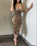 Women leopard print sequin embroidery sexy sling slit maxi dress