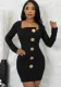 Women Button Solid Long Sleeve Dress