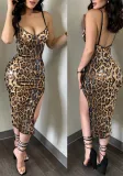 Women leopard print sequin embroidery sexy sling slit maxi dress