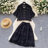 Women French Lace Hollow Crochet Flower Top Lace Patchwork Skirt Two Piece