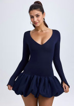 Women Long Sleeve V-Neck Short Bubble Skirt